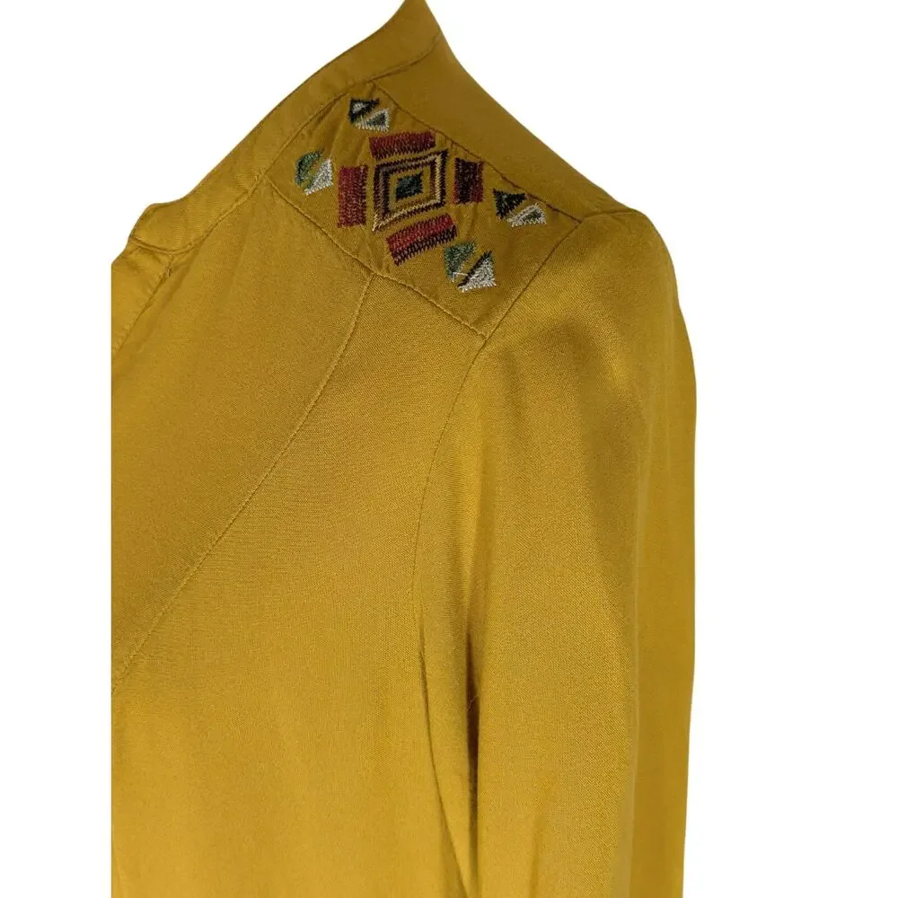 Womens S Boho Long Sleeve Dress Embroidered V Neck Gold Mustard Yellow Hippie - Picture 4 of 14